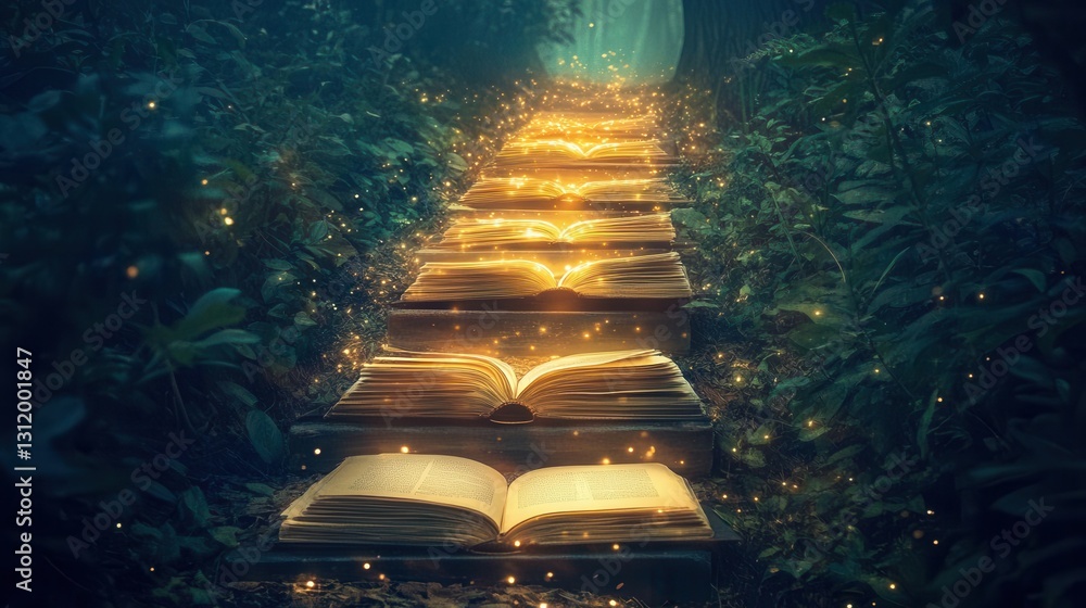 Aufkleber inspirational journey of knowledge featuring a luminous path lined with open books and creative idea