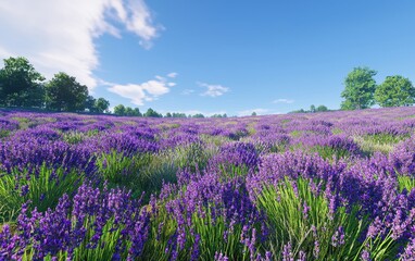 Fototapeta premium A vibrant field of lavender flowers in full bloom under a clear blue sky