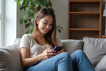 Obraz premium Young woman sitting on a sofa at home, smiling while using a tablet and texting on her phone, enjoying a relaxing and casual moment indoors with books around