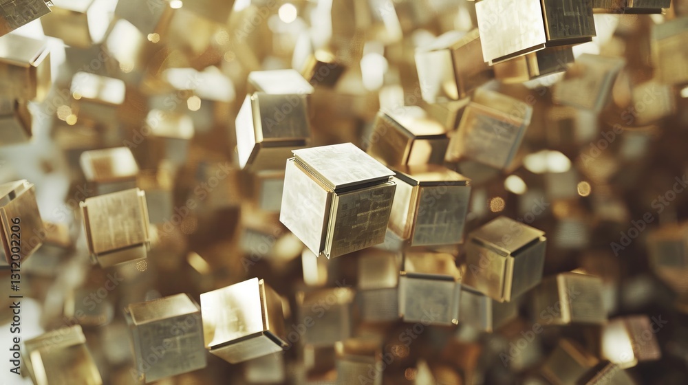 Poster enchanted virtual library space filled with floating golden cubes and elements