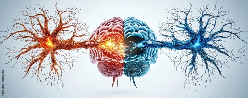 Poster colorful brains connected by neural pathways, symbolizing thought and creativity.