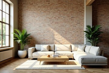 Modern Sectional Sofa in a Sunlit Living Room with Exposed Brick Wall and Lush Greenery