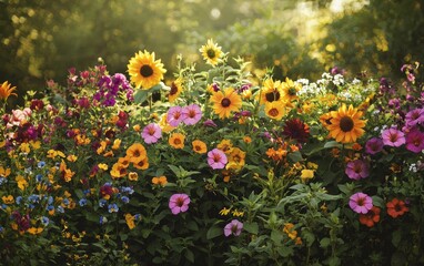 Obraz premium A summer garden overflowing with vibrant flowers like sunflowers, petunias, and marigolds, all bathed in warm sunlight