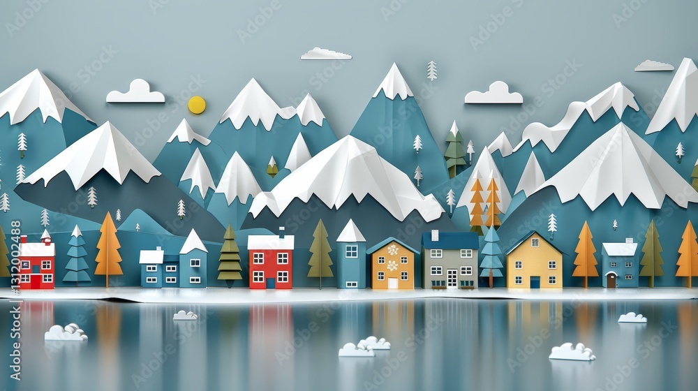 Poster charming virtual reality simulation game environment with snowy landscape and houses