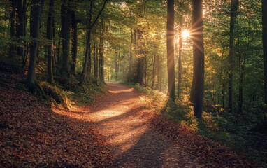 Obraz premium A sun-dappled forest with a winding path covered in fallen leaves