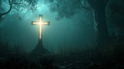 Naklejka premium Illuminated cross in a serene forest setting.