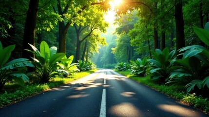 Obraz premium Sunlit Pathway Through Lush Greenery, A Serene Drive Along a Tree-Lined Road