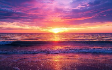 Fototapeta premium A vibrant sunset over the ocean, with rich shades of orange, pink, and purple reflecting on the water
