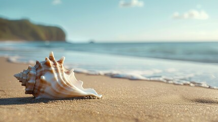 Serene Seashell Dream, Coastal Still Life with Textured Beach and Gentle Waves