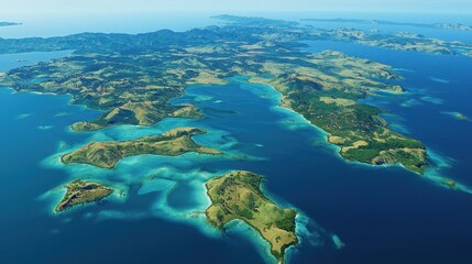 Aerial view of tropical archipelago islands, turquoise waters, lush green landscapes