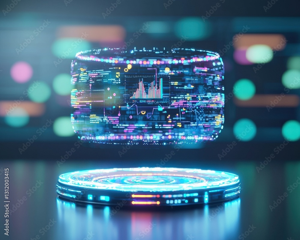 Poster a futuristic workspace with a glowing holographic interface hovering above.