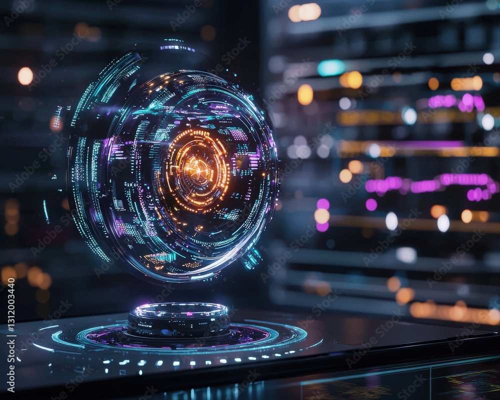 Poster a futuristic workspace with a glowing holographic interface hovering above.