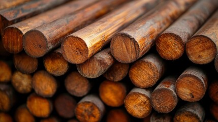 Stack of Round Wooden Poles, Close-Up Texture