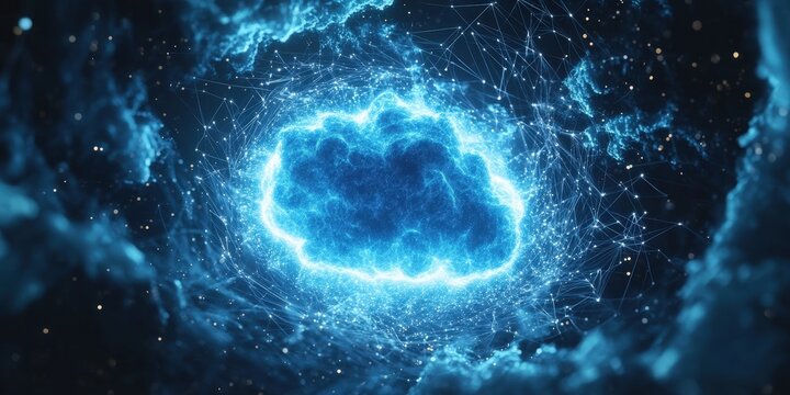 A mesmerizing, circular galaxy in cosmic hues—vibrant blues against deep blacks. Its swirling arms evoke ethereal clouds, hinting at mysteries within the universe's vast expanse