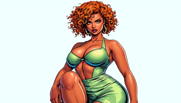 Cartoon Woman Posing in Swimsuit with Curly Hair and Golden Earrings
