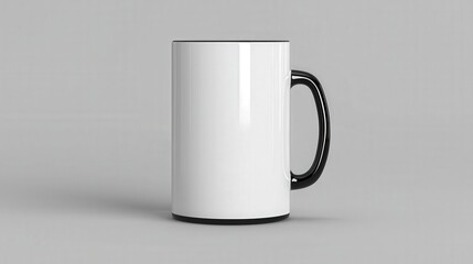 Obraz premium White mug with black handle on grey background.