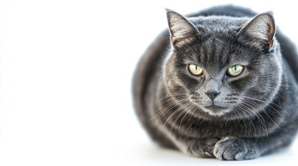 Gray cat portrait, indoor studio shot, attentive gaze, plain white background