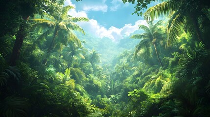 Breathtaking Horizontal View of a Lively Tropical Jungle Teeming with Colorful Flora