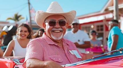 Fototapeta premium Happy senior man wearing a straw hat smiles joyfully while driving a classic convertible car