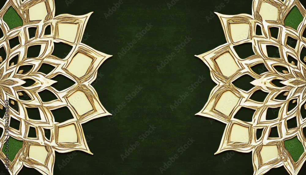 Poster symmetrical floral pattern in beige and golden tones on dark green background displaying intricate d