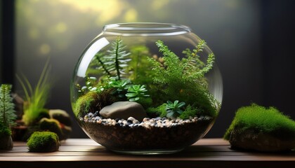 A vibrant mix of greenery and stones forms a lively ecosystem in a glass dome.