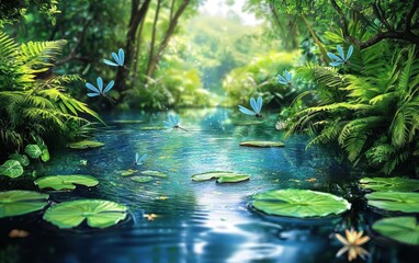 Fototapeta premium A tranquil pond surrounded by lush greenery, with dragonflies skimming over the surface