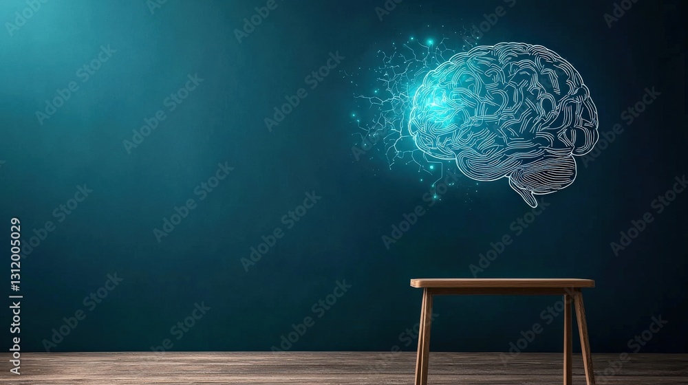 Poster a glowing ai brain hovering above a traditional chalkboard in a classroom.
