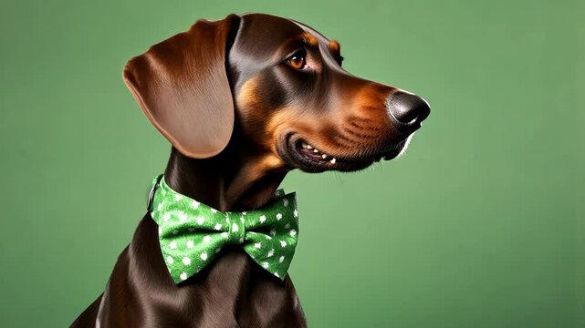 Dog in green bow Ti against a Vibrant Green Background, generative AI video