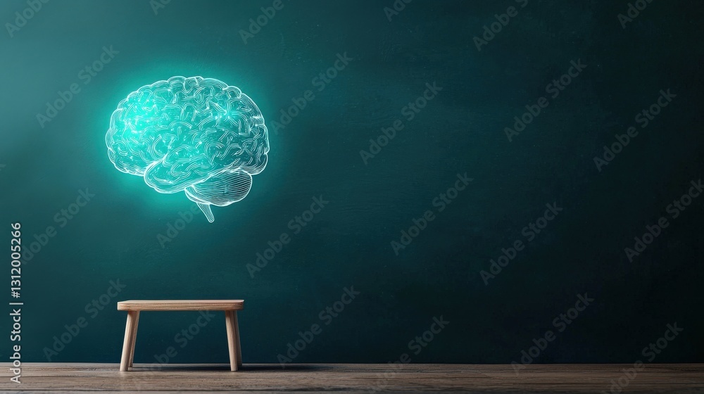 Poster a glowing ai brain hovering above a traditional chalkboard in a classroom.