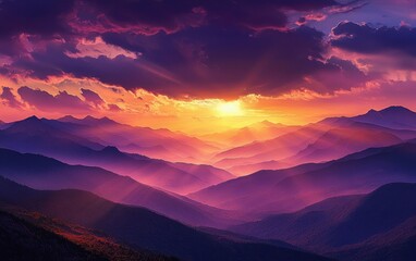 Fototapeta premium A tranquil sunset in the mountains, with the sky changing from golden to deep purple as night approaches