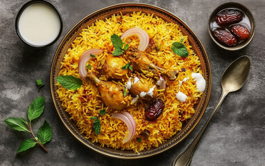 Large plate of indian biryani with chicken