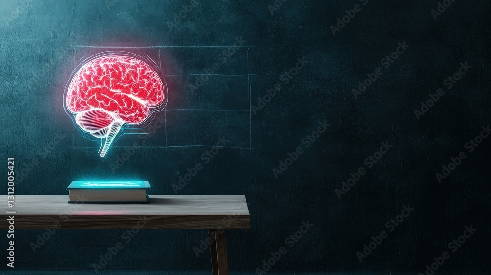 Poster a glowing ai brain hovering above a traditional chalkboard in a classroom.