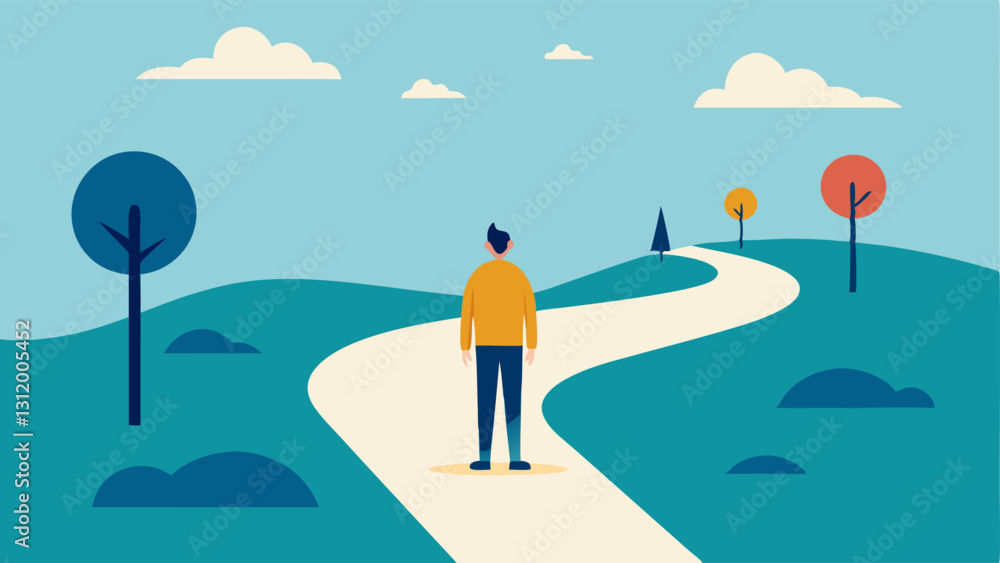 Poster two paths an illustration of a person standing at a fork in the road one path leading to a store and