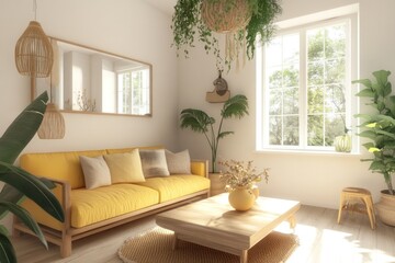 Sunny living room with yellow sofa, plants, and natural decor.