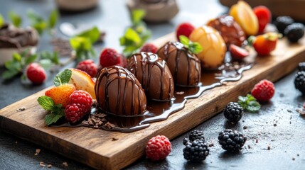 Chocolate covered eggs arranged on a wooden board with fresh berries and mint. Delicious dessert, gourmet food photography. Rich dark chocolate