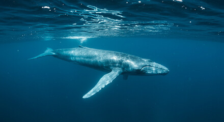 blue whale swimming under the sea