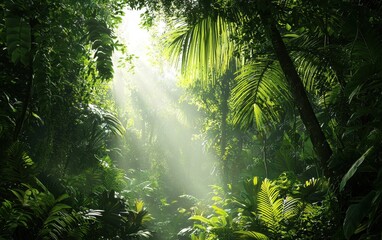Obraz premium A tropical rainforest with sunlight filtering through thick green foliage