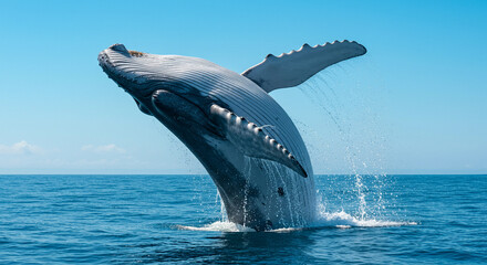 Fototapeta premium blue whale flipping into the sea