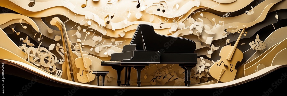 Leinwandbilder dynamic paper craft of musical notes flowing around grand piano and string instruments in a vibrant 