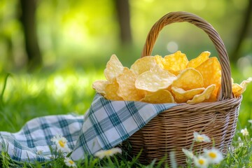 A wicker basket overflowing with golden potato chips rests on a green and white checkered picnic blanket in a sunny outdoor setting. Wildflowers dot