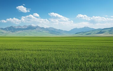 Fototapeta premium A vast field of green grass stretching out toward the horizon, with mountains in the distance