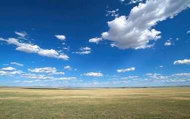 A vast open plain with a bright blue sky, dotted with a few fluffy clouds