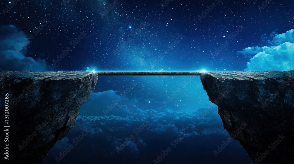 Poster a glowing bridge connecting two cliffs, symbolizing innovation and progress.