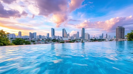 Naklejka premium Stunning Skyline View from Infinity Pool at Sunset in the City