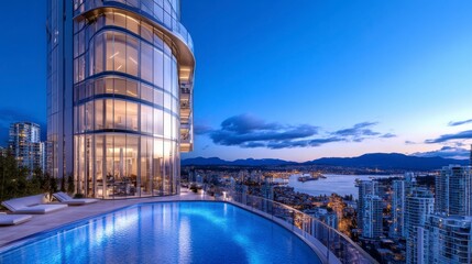 Fototapeta premium Modern Skyscraper with Pool Overlooking City at Dusk