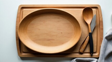 Rustic wooden serving bowl and utensils on a wooden board, minimalist kitchen setting