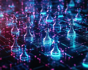 A glowing chessboard where every piece represents key technologies.