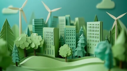 Eco-friendly city, paper art, sustainable future, digital illustration, suitable for environmental campaigns, presentations, social media