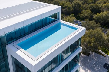 A stunning aerial view of a modern building featuring a rooftop swimming pool