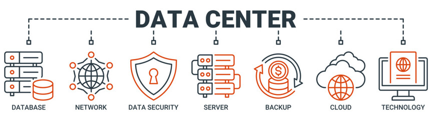 Data center banner web icon vector illustration concept with icon of database, network, data security, server, backup, cloud and technology icons. Outline vector symbol background.